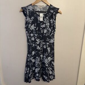 Loft Women's Flutter Sleeve Ruffle Gray Floral Dress Cottage Size 0 New $69.50